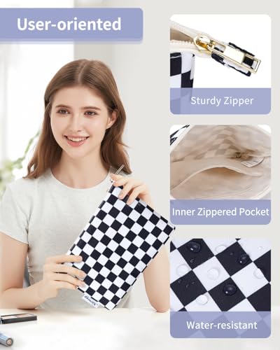 Narwey Small Checkered Makeup Bag for Purse Small Cosmetic Bag Women Travel Makeup Pouch Zipper Pouch (Black Checkerboard) - color: AB-Black Checkerboard