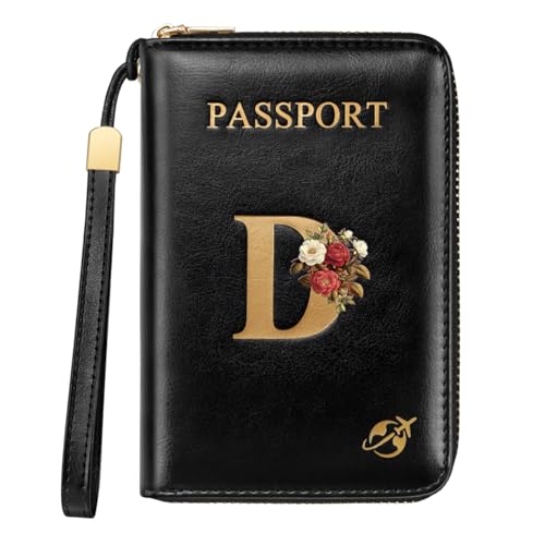 Passport Holder Cover Wallet with Zipper Personalized Initial Letter D Rose Flower RFID Blocking Travel Wallets Credit Cards Holder for Women, Gift for Wife and Girlfriend,D - color: Black, size: D