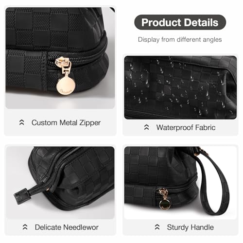 Abiudeng Large Capacity Makeup Bag Ladies Cosmetic Bag Travel Bag with Compartments Portable PU Leather Travel Makeup Bag with Handle - color: Checkerboard-Black