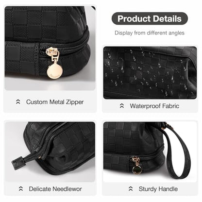 Abiudeng Large Capacity Makeup Bag Ladies Cosmetic Bag Travel Bag with Compartments Portable PU Leather Travel Makeup Bag with Handle - color: Checkerboard-Black