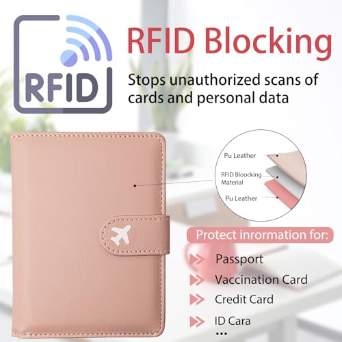 Passport Holder, Travel Wallet Cover with Pen Loop | Cute RFID Blocking Leather Case with Magnetic Closure for Travel Essentials-Pink - color: R-Pink