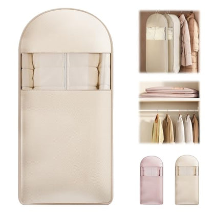 Space Saving Hanging Garment Bag with Self Compression Zipper, Thick Dustproof Garment Bags for Hanging Clothes, Space Saving Garment Bags with Compression Zip Technology (Beige, 51 * 23 * 6IN) - color: Beige