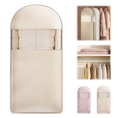 Space Saving Hanging Garment Bag with Self Compression Zipper, Thick Dustproof Garment Bags for Hanging Clothes, Space Saving Garment Bags with Compression Zip Technology (Beige, 51 * 23 * 6IN) - color: Beige