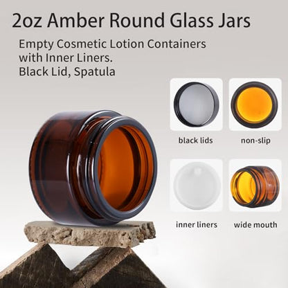 OverNews 2oz Amber Glass Jar Travel Size, 4PCS Empty Cosmetic Lotion Container with Black Lid & Spatula, Small Mini Jar for Beauty - color: Amber, size: 4