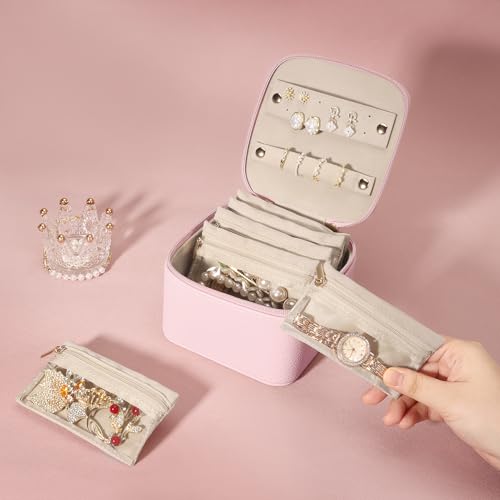 DesignSter Small Jewelry Box, Travel Small Jewelry Organizer with Earring Tray and Ring Holder,Square Travel Jewelry Storage Case with 6 Velvet Jewelry Pouches, Pink - color: Pink