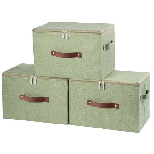 3PCS Fabric Storage Bins with Zipper Lid and Handles Cotton Linen Lidded Storage Boxes Washable Collapsible Organizer Container (Green, Large Size) - color: Green, size: Large ( Set of 3 )