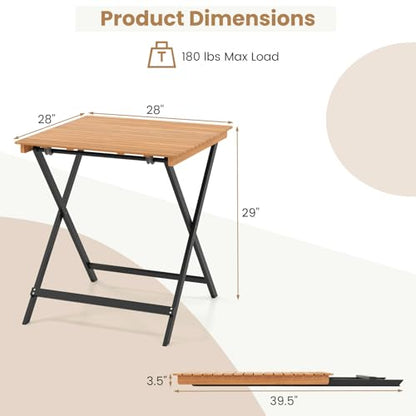 Tangkula 28-Inch Acacia Wood Patio Dining Table, Square Foldable Outdoor Table with Slatted Tabletop, Portable Outside Bistro Dining Table for Backyard, Porch, Balcony - size: 28"