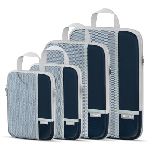 Percover Compression Packing Cubes for Travel, 4-Piece Structured Compression Organizer Set with Label Pockets for Carry-On & Checked Luggage, Navy Blue - color: Navy Blue, size: 4 Set