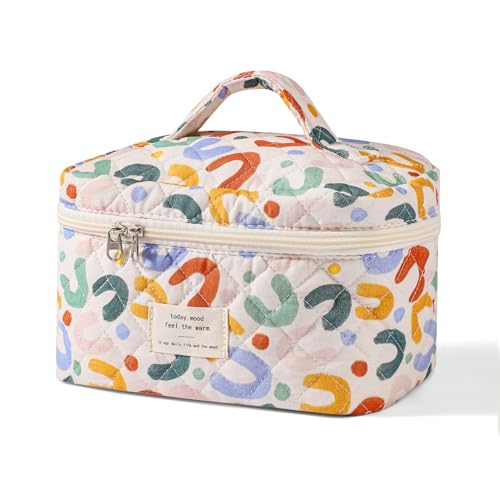 uekeboag Large Travel Quilted Makeup Bag for Women, Floral Cotton Cosmetic Bag, Coquette Aesthetic Floral Toiletry Organizer Bag - color: 05White-UU