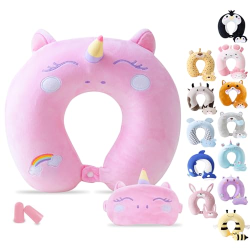 Cirorld Travel Pillow for Kids Adult Cute Neck Pillow for Traveling Memory Foam Airplane Pillow Sleep Mask Animal Flight Pillow Head Rest Neck Support for Cars Long Flights (Pink, 9-12 Y/O) - color: Pink, size: 9-12 Y/O
