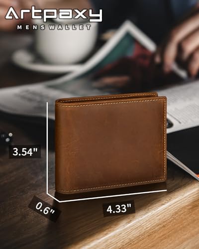 Artpaxy Mens Wallet Genuine Leather Bifold RFID Blocking Wallet for Men with 1 ID Window 13 Card Holders 2 cash pockets 1 Gift Box - color: Coffee Brown