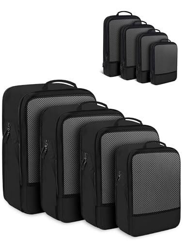 4 PCS Set Compression Packing Cubes for Travel, Lightweight Packaging Organizer Bags for Carry On Space Saving, Travel Essentials Cubes for Suitcase Backpack, Black - color: Black, size: 4 Set