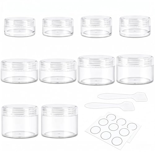 10 Pieces Travel Size Containers, 3/5/10/15/20 Gram Small Travel Containers for Cream, Lotion, Lip Balm and Toiletries, Leak Proof Sample Jars With Labels & Spatulas, Clear - color: Clear