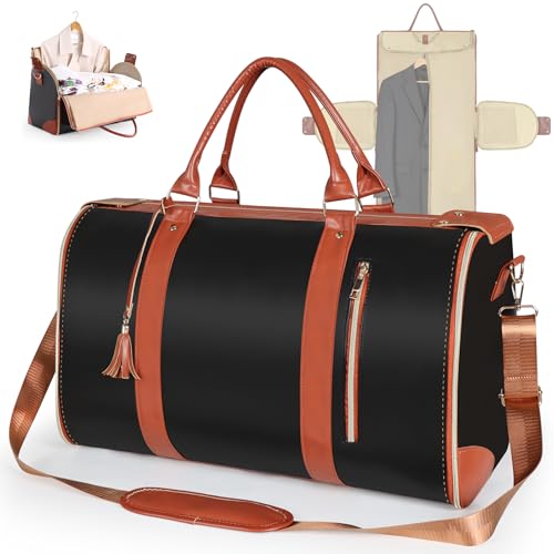 Geestock Garment Duffle Bags for Travel, Convertible Carry On Garment Bag with Shoe Pouch & Shoulder Strap, 2 in 1 Foldable PU Leather Suit Travel Bag for Women & Men, Black - color: Black and Brown