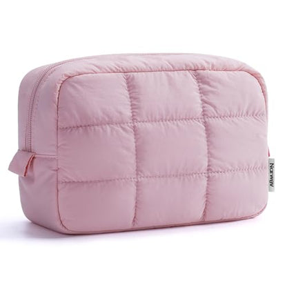 Narwey Puffer Travel Makeup Bag for Women Girl, Quilted Puffy Cosmetic Bag Make Up Bag Organizer, Cute Travel Toiletry Bag for Toiletries (Pink) - color: Pink