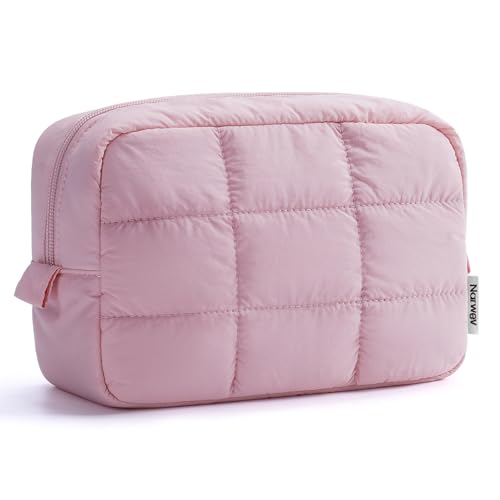 Narwey Puffer Travel Makeup Bag for Women Girl, Quilted Puffy Cosmetic Bag Make Up Bag Organizer, Cute Travel Toiletry Bag for Toiletries (Pink) - color: Pink