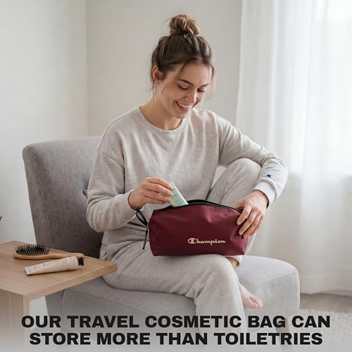 Champion - Hanging Toiletry Bag - Travel Sized Polyester Bag — Water-Resistant, Cosmetics Organizer Bag with Two Compliant Bottles - Lightweight Portable Zipped Bag for Unisex – Red- 10"x3.9"x3.9" - style: Red