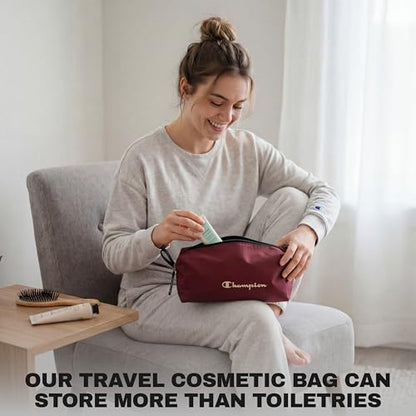 Champion - Hanging Toiletry Bag - Travel Sized Polyester Bag — Water-Resistant, Cosmetics Organizer Bag with Two Compliant Bottles - Lightweight Portable Zipped Bag for Unisex – Red- 10"x3.9"x3.9" - style: Red