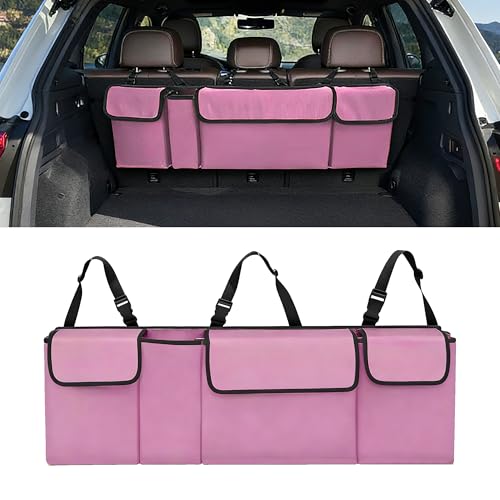 Car Trunk Organizer, Waterproof Backseat Hanging Large Storage with Adjustable Straps, Collapsible Cargo Bag with 4 Pockets, Car Interior Accessories for Truck, SUV, MPV (Pink) - color: Pink