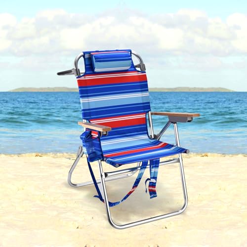 Backpack Beach Chairs for Adults Capacity 300 LBS high 5 Position Beach Chair with Pouch Straps Folding Lightweight Reclining Aluminum Wide Lay Flat Single - color: 17in Wood Red Blue Stripes 1 Pack
