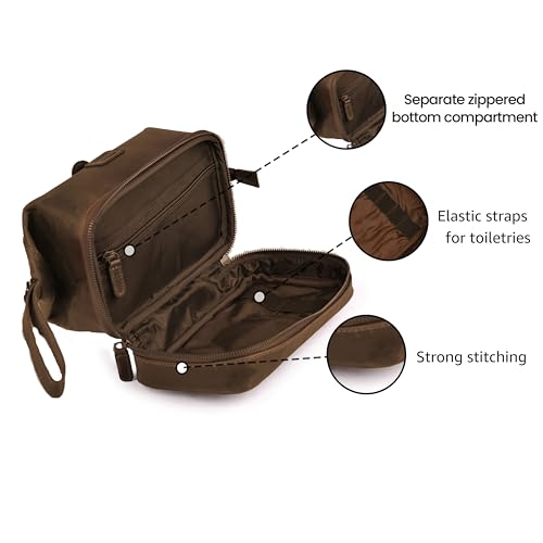 LEATHER VILLAGE Genuine Leather Dopp Kit – Large Travel Toiletry Bag with Waterproof Lining, Dual-Zip Design for Men & Women, Organizer for Shaving, Makeup & Essentials - Brown - color: Brown