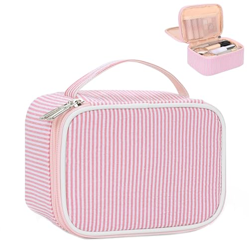Relavel Travel Makeup Bag, Small Pink Cosmetic Bag with 2 Makeup Brush Holders, Portable Makeup Pouch for Women, Cute Toiletry Bag with Double Layer Organizer, Strip - color: 01-Pink Strip, size: SMALL