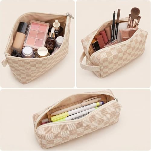 3 Pcs Canvas Makeup Bag Set Checkered Cosmetic Pouch for Women Travel Toiletry Bag Cute Makeup Organizer Purse Pouch Preppy Pencil Case with Zipper (Checkered Blue) - color: Checkered Blue