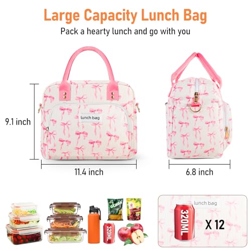 Lunch Bag Large Insulated Lunch Box for Women Adult Cute Pink Lunchbox Lunch Bags Boxes Pail with Shoulder Strap for Work Mom Picnic Office Travel 11.4×6.8×9.1 inches 11.5L (Pink Bow) - color: Pink Bow