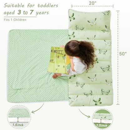 Lasoftan Toddler Nap Mat with Pillow and Blanket, Extra Large Rolled Napping Mats,Slumber Bags for Boys Girls,Kids Sleeping Bag for Daycare, Preschool Travel Camping - color: Green Butterfly