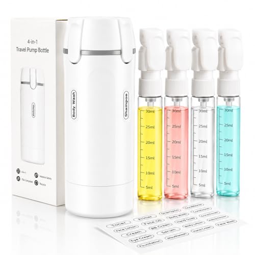 4 in 1 Travel Dispenser Bottle, TSA Approved Leak Proof Refillable Toiletry Containers for Shampoo, Conditioner, Lotion & Skincare – Easy Clean Travel Bottles for Gym, Business - color: White