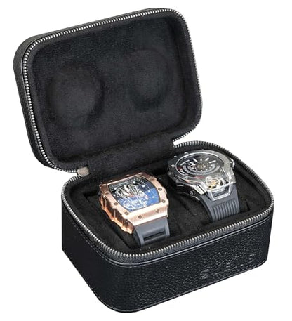 2 Watch Travel box Real Top-grain Leather Two Watch Roll Case for Man and Women Watches Packing Box Storage Organizer with Black Suede to Protection Zipper Fit All Watches Up to 60mm (2W-Z-BB) - color: 2W-Z-BBL