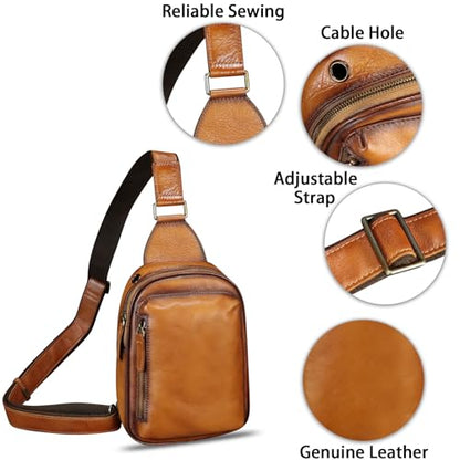 Genuine Leather Small Sling Bag for Women and Men Crossbody Bag Chest Bag Sling Backpack Purses for Hiking Sports Travel - color: Brown