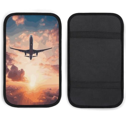 Airplane Sunset Sky Car Center Console Cover Pad,Airplane Sunset Sky Printed Universal Armrest Cover Pads Waterproof Vehicle Armrest Protector for Most Cars,Trucks and SUV