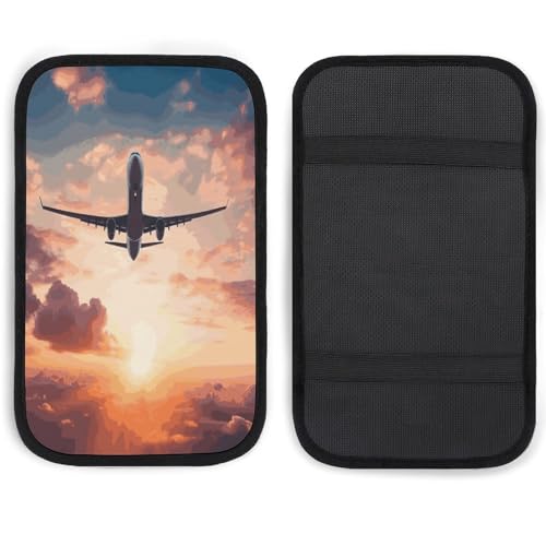 Airplane Sunset Sky Car Center Console Cover Pad,Airplane Sunset Sky Printed Universal Armrest Cover Pads Waterproof Vehicle Armrest Protector for Most Cars,Trucks and SUV