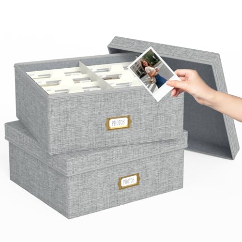Decorative Photo Storage Box - 2 Pack Linen Photo Box Organizer with Dividers, Fits Holds Up to 1700 Pictures and 4x6 Photos, Memory Keepsake Organizer for Scrapbook Supplies, Cards, Stamps (Grey) - color: Grey, size: 4x6 (2 Pack)