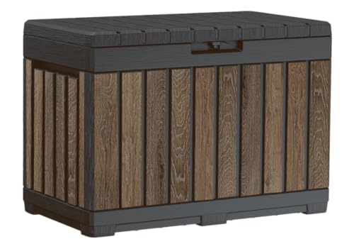 Keter Signature Everwood 50 Gallon Resin Deck Box-Organization and Storage for Patio Cushions, Throw Pillows and Garden Tools, Walnut - color: Walnut, size: 50 Gallon