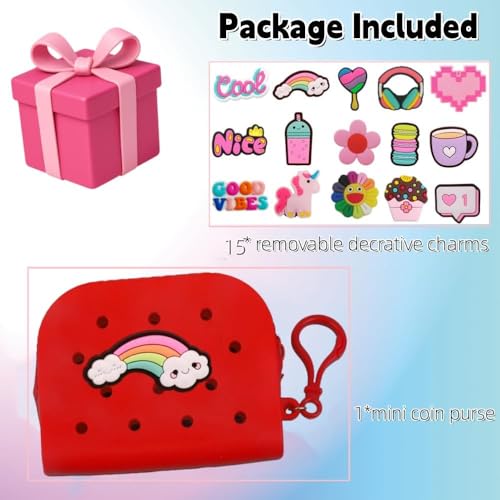 Soft Silicone Mini Coin Purse with Zipper and Cartoon Hole,with 15 pcs DIY Charms. Portable Keychain Pouch Organizer (Red) - color: Red