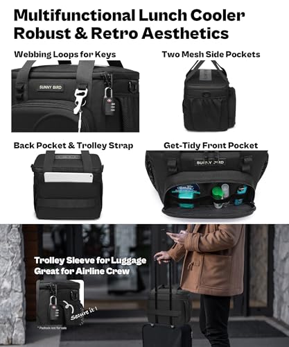 SUNNY BIRD 12L Large Insulated Lunch Bag, Leakproof and Foldable Lunch Cooler Box for Women Adult and Men, Fits 18 Cans (Black 01) - color: Black 01