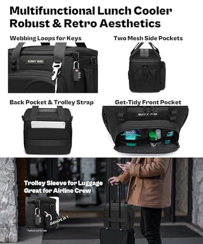 SUNNY BIRD 12L Large Insulated Lunch Bag, Leakproof and Foldable Lunch Cooler Box for Women Adult and Men, Fits 18 Cans (Black 01) - color: Black 01