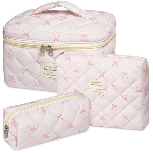 senbowe Floral Makeup Bag, 3 Pack Large Cotton Quilted Makeup Bag Set, Cute Floral Coquette Aesthetic Toiletry Bag Make Up Cosmetic Bag for Women, Toiletry Travel Make Up Organizer Bag - color: Light Pink Bow