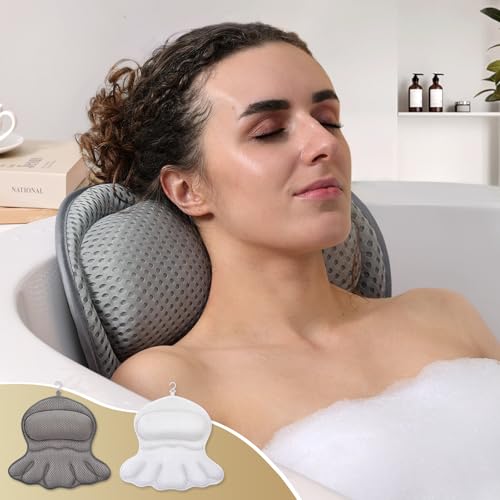 Bath Pillow Luxury Bathtub Pillow, Extra Soft & Comfortable Bath Pillow for Tub Head Neck and Back Support, with 4D Air Mesh Cushions & Non-Slip Suction Cups - Great Bath Gifts (Gray) - color: Gray