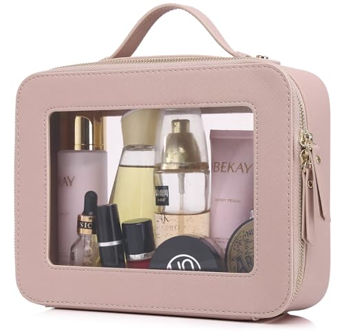 Pinkmik Clear Makeup Bag for Women Waterproof Travel Cosmetics and Toiletries Case Portable Makeup Oaganizer Bag Clear Car Bag with Zipper (Pink, L) - color: Pink, size: Large