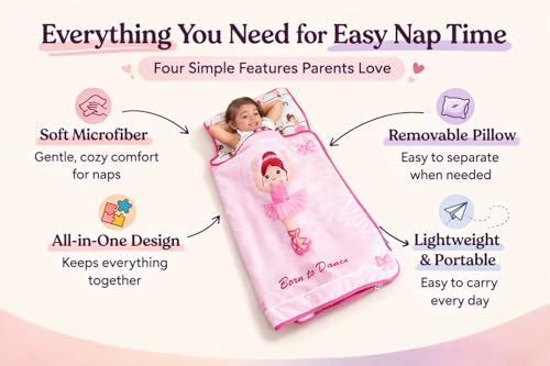 EVERYDAY KIDS Toddler Nap Mat with Removable Pillow -Born to Dance Ballerina- Carry Handle with Straps Closure, Rollup Design, Soft Microfiber for Preschool, Daycare, Sleeping Bag - Ages 2-6 Years - color: Born to Dance Ballerina