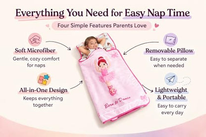 EVERYDAY KIDS Toddler Nap Mat with Removable Pillow -Born to Dance Ballerina- Carry Handle with Straps Closure, Rollup Design, Soft Microfiber for Preschool, Daycare, Sleeping Bag - Ages 2-6 Years - color: Born to Dance Ballerina