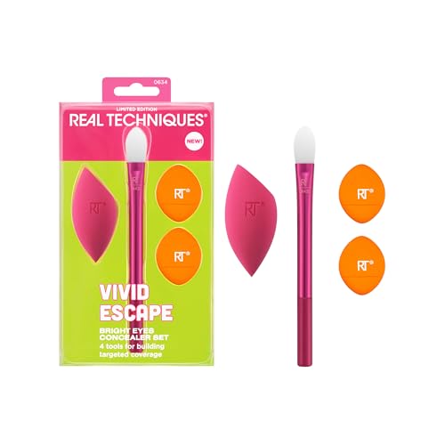 Real Techniques Vivid Escape Bright Eyes Concealer 4 Piece Set, Includes Kitten Paw Makeup Brush, Powder Puff, & Concealer Makeup Blending Sponge, Targeted Concealing, Travel Friendly, Cruelty-Free - size: 1 Count (Pack of 4)
