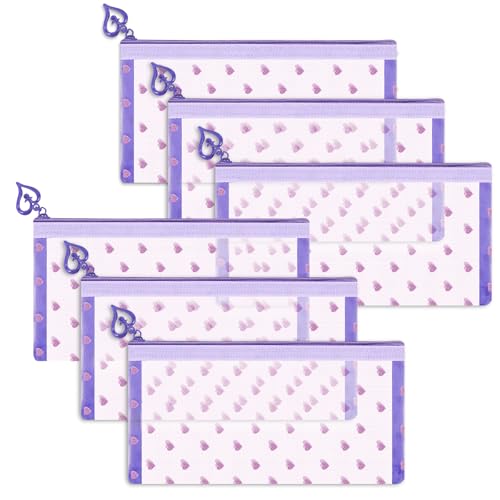 6 Pack Mini Zipper Mesh Makeup Bags, Heart Print Nylon Cosmetic Bags Toiletry Bags for Office Travel Organization (Purple, M) - color: Purple, size: M
