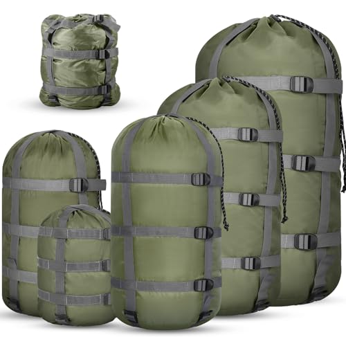 5 Pack Compression Stuff Sack 5 Assorted Size Sleeping Bag Stuff Sack Ultralight Sleeping Bag Cover Space Saving Gear for Travel Outdoor Camping Hiking Backpacking - color: Army Green