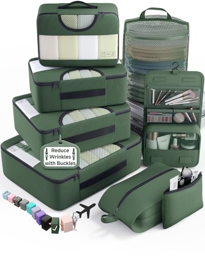 Veken 8 Set Packing Cubes for Travel Essentials,Anti-Wrinkle Buckled Suitcase Organizer for Shoe & Toiletry Bag,Carry On Luggage Bag for Airplane & College Dorm Room Accessories,Women Men Gifts - color: 07 Jungle Green