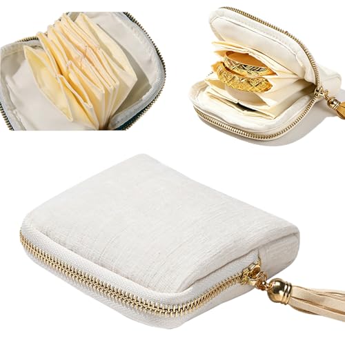 Travel Jewelry Case, Portable Travel Jewelry Organizer Bag with 6 Compartments for Storage Holder Necklace Ring Bracelet, Tangle Free Jewelry Travel Pouch for Women, Travel Essentials & Holiday Gift - color: Off-white