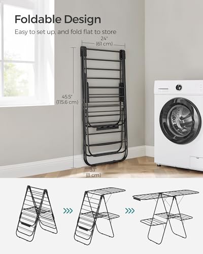 SONGMICS Clothes Drying Rack, Foldable 2-Level Laundry Drying Rack, Free-Standing Laundry Airer, with Height-Adjustable Wings, 33 Drying Rails, Sock Clips, Black ULLR053B01V1 - color: Black, size: 2 Tiers（22"d x 61.8"w x 64.3''h )